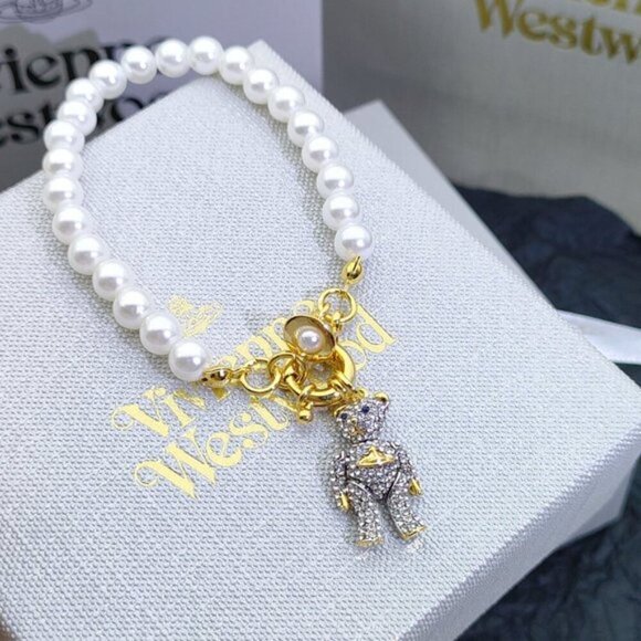 Vivienne westwood orb pearl - Gem Vivienne Westwood Pearl Bear Bracelet Orb Charm Gold Tone Designer Jewelry